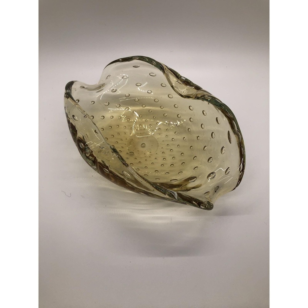 Vintage Murano Bullicante Amber Art Glass Bowl Controlled Bubble Scalloped